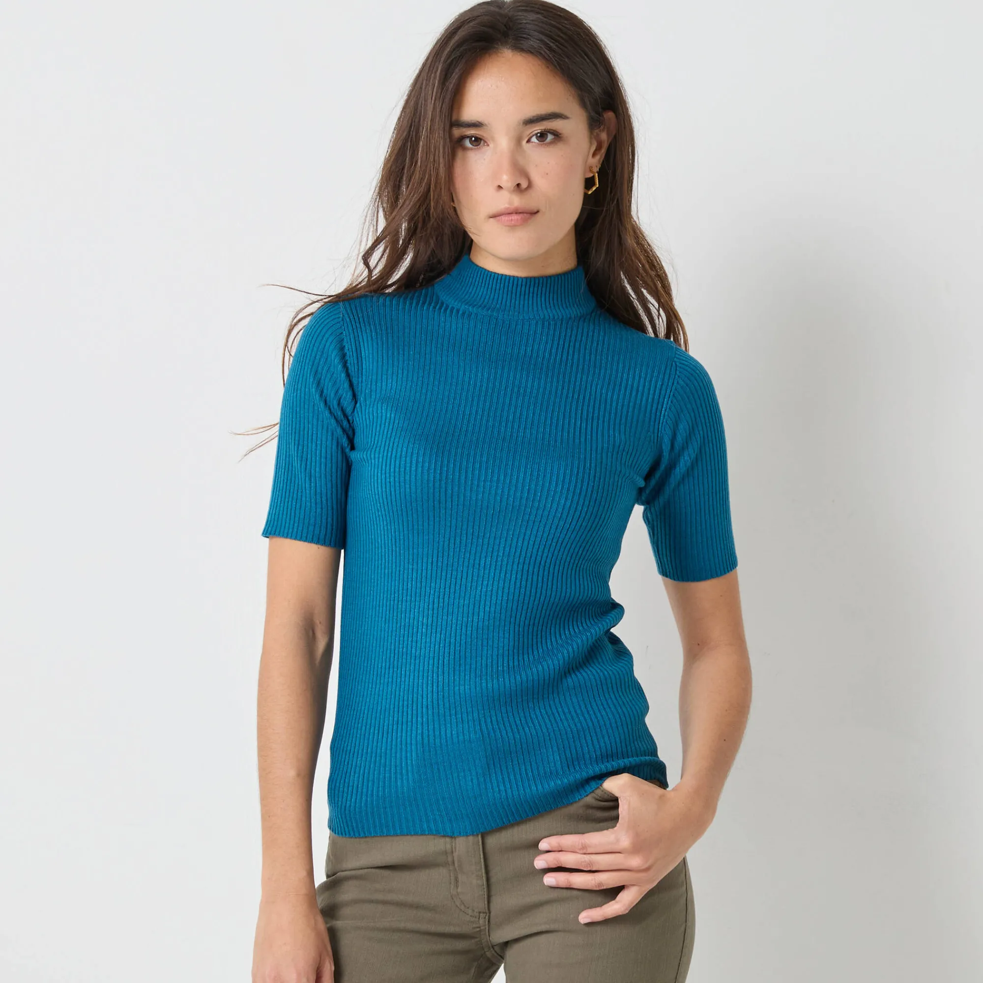 Trui En Vest<Blancheporte Trui met opstaande kraag en korte mouwen eendenblauw