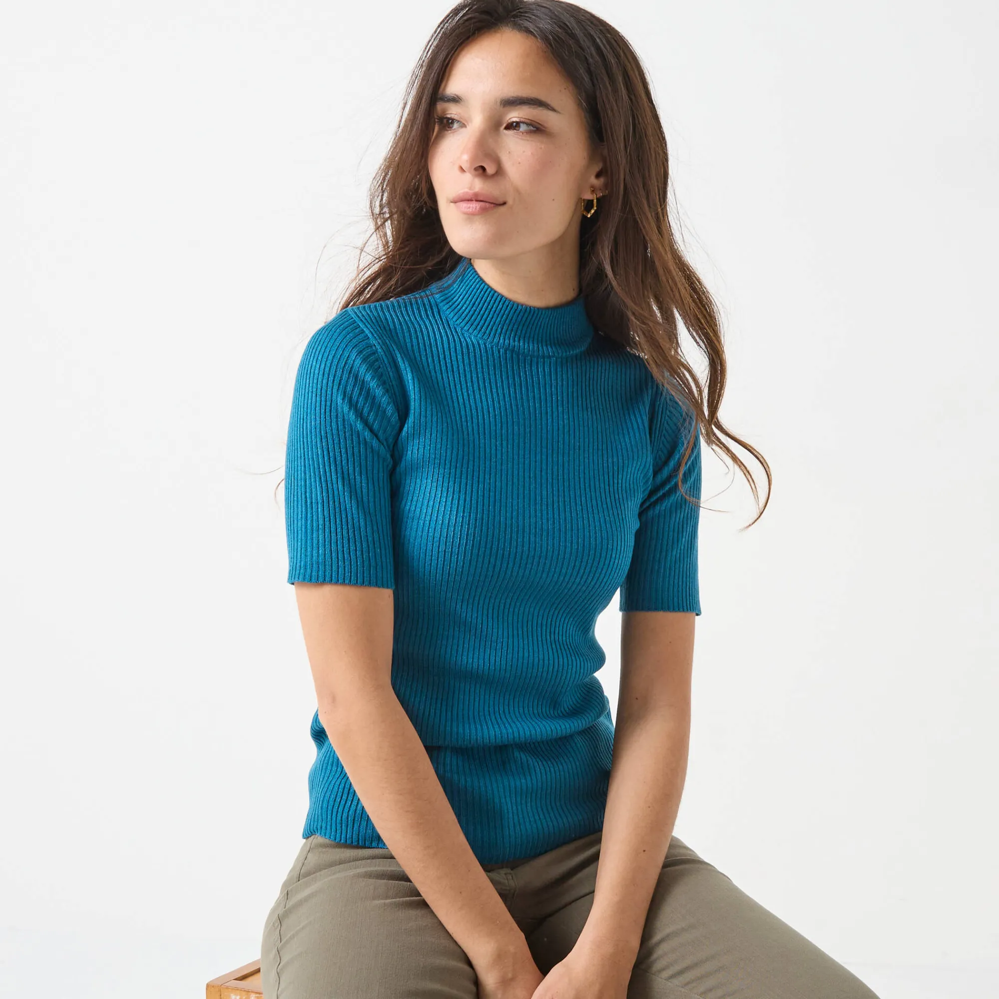 Trui En Vest<Blancheporte Trui met opstaande kraag en korte mouwen eendenblauw