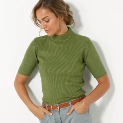 Trui En Vest<Blancheporte Trui met opstaande kraag en korte mouwen olijfgroen
