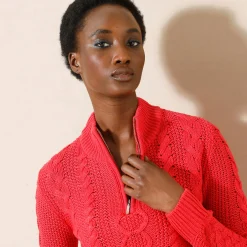 Trui En Vest<Blancheporte Trui met opstaande ritskraag, kabeltricot en kasjmiertouch rood
