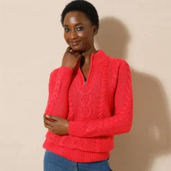 Trui En Vest<Blancheporte Trui met opstaande ritskraag, kabeltricot en kasjmiertouch rood