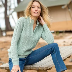 Trui En Vest<Blancheporte Trui met opstaande ritskraag, kabeltricot en kasjmiertouch grijsgroen
