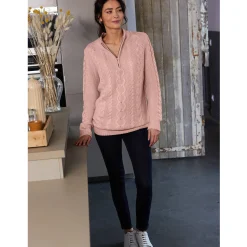 Trui En Vest<Blancheporte Trui met opstaande ritskraag, kabeltricot en kasjmiertouch poederroze