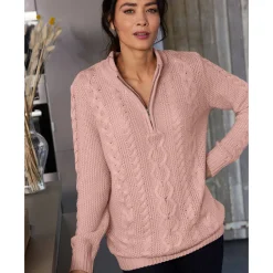 Trui En Vest<Blancheporte Trui met opstaande ritskraag, kabeltricot en kasjmiertouch poederroze