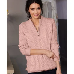 Trui En Vest<Blancheporte Trui met opstaande ritskraag, kabeltricot en kasjmiertouch poederroze