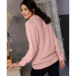 Trui En Vest<Blancheporte Trui met opstaande ritskraag, kabeltricot en kasjmiertouch poederroze