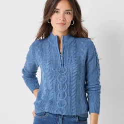 Trui En Vest<Blancheporte Trui met opstaande ritskraag, kabeltricot en kasjmiertouch jeansblauw