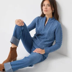 Trui En Vest<Blancheporte Trui met opstaande ritskraag, kabeltricot en kasjmiertouch jeansblauw