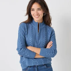Trui En Vest<Blancheporte Trui met opstaande ritskraag, kabeltricot en kasjmiertouch jeansblauw