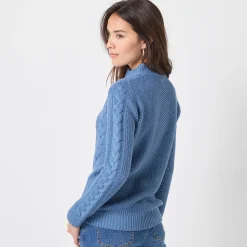 Trui En Vest<Blancheporte Trui met opstaande ritskraag, kabeltricot en kasjmiertouch jeansblauw