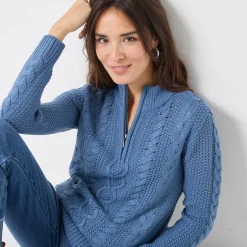 Trui En Vest<Blancheporte Trui met opstaande ritskraag, kabeltricot en kasjmiertouch jeansblauw