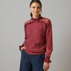 Trui En Vest<Lora Zellini Trui met opstaande ruchekraag, harig tricot en geborduurde tule vijgenkleur