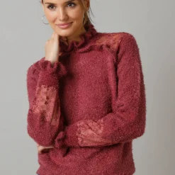 Trui En Vest<Lora Zellini Trui met opstaande ruchekraag, harig tricot en geborduurde tule vijgenkleur