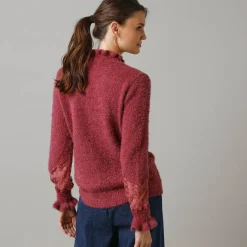 Trui En Vest<Lora Zellini Trui met opstaande ruchekraag, harig tricot en geborduurde tule vijgenkleur