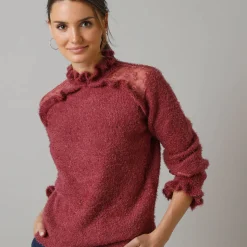 Trui En Vest<Lora Zellini Trui met opstaande ruchekraag, harig tricot en geborduurde tule vijgenkleur