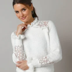 Feestoutfits Dames|Trui En Vest<Lora Zellini Trui met opstaande ruchekraag, harig tricot en geborduurde tule ecru
