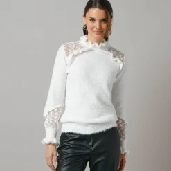Feestoutfits Dames|Trui En Vest<Lora Zellini Trui met opstaande ruchekraag, harig tricot en geborduurde tule ecru