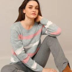 Trui En Vest<Blancheporte Trui met ronde hals en fantasierijke strepen chiné grijs / roze