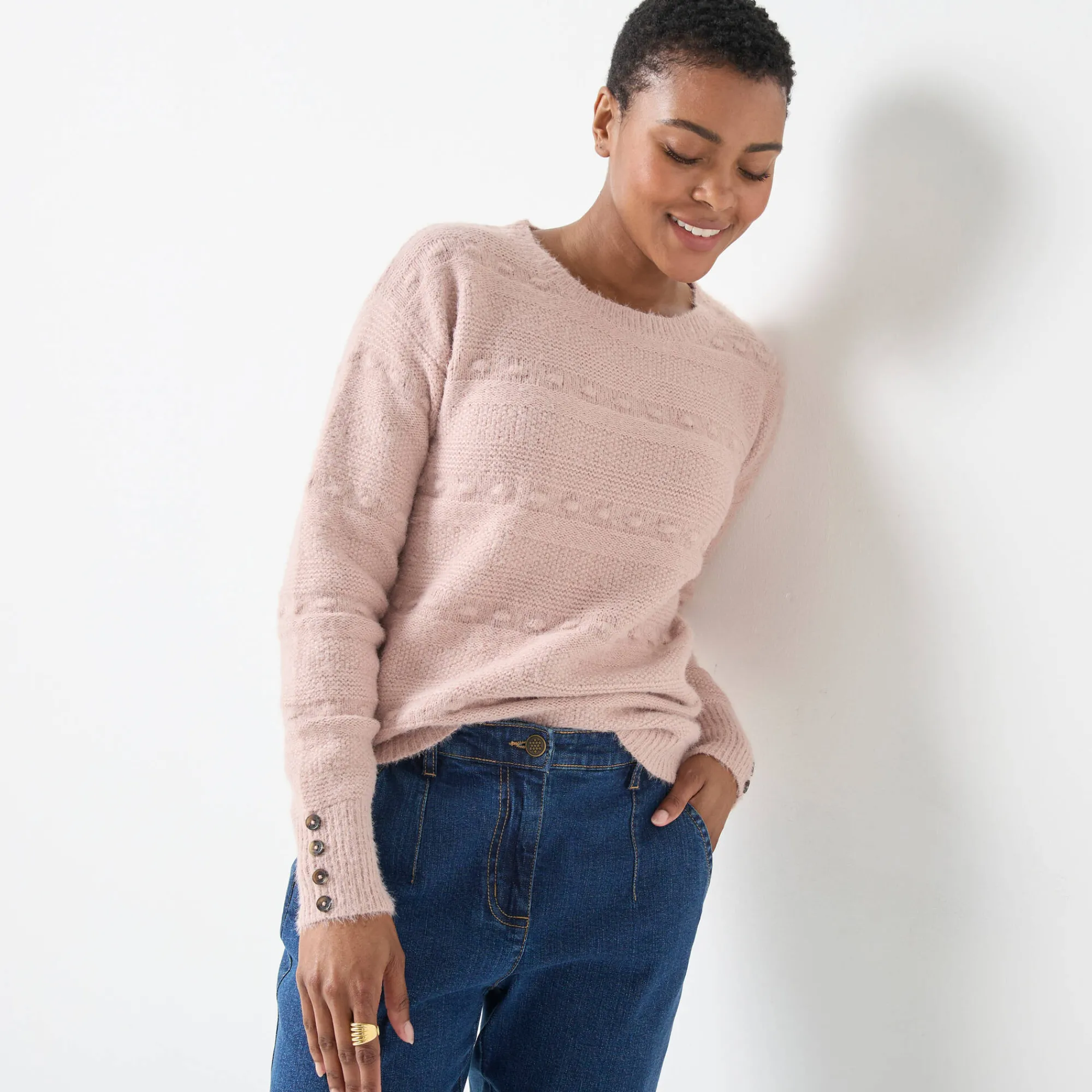 Trui En Vest<Blancheporte Trui met ronde hals, harig fantasietricot poederroze