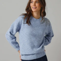 Trui En Vest<Lora Zellini Trui met ronde hals in wolmix, pasje met fantasieparels blauw