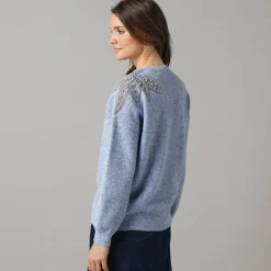 Trui En Vest<Lora Zellini Trui met ronde hals in wolmix, pasje met fantasieparels blauw