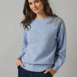 Trui En Vest<Lora Zellini Trui met ronde hals in wolmix, pasje met fantasieparels blauw