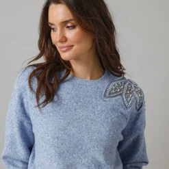 Trui En Vest<Lora Zellini Trui met ronde hals in wolmix, pasje met fantasieparels blauw