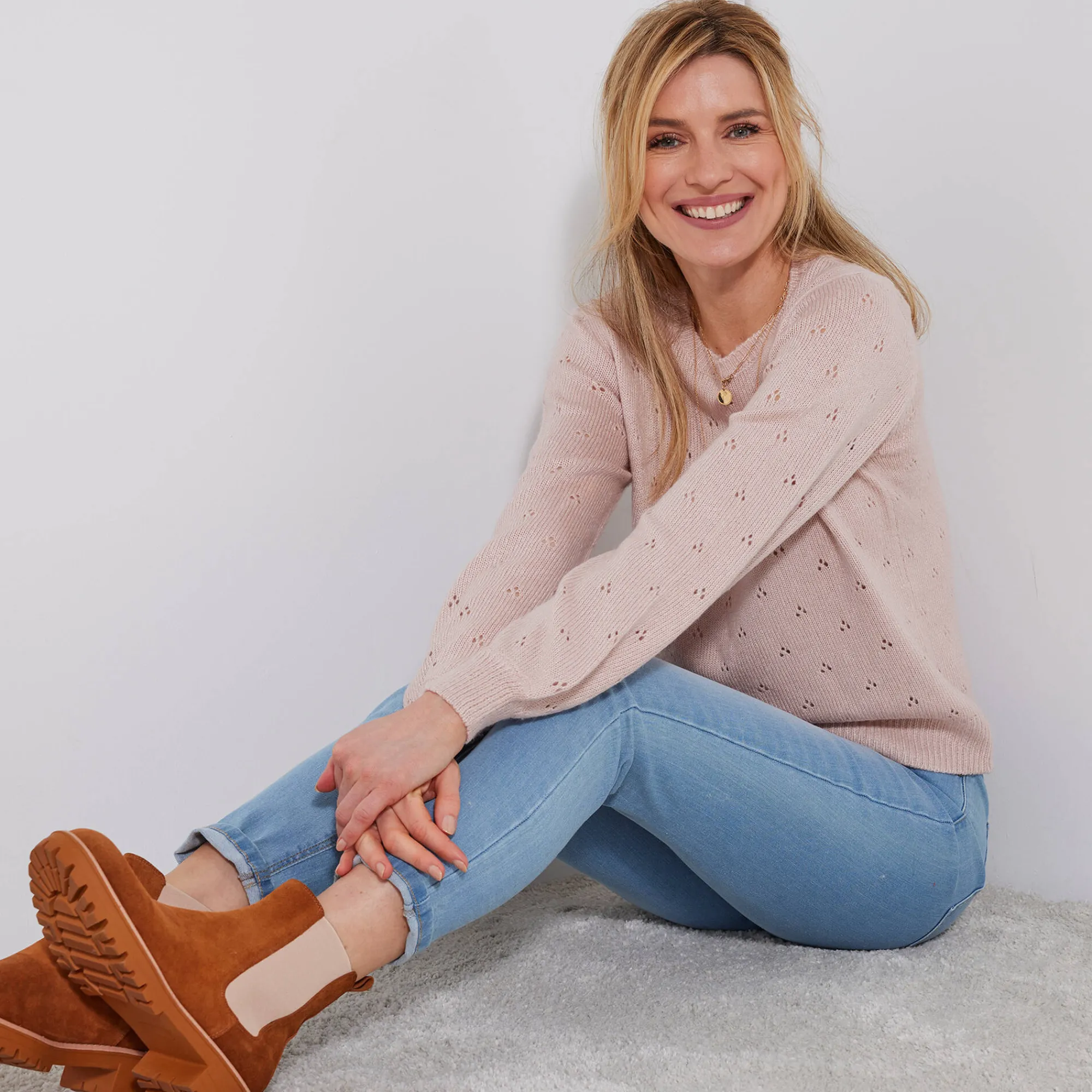 Trui En Vest<Blancheporte Trui met ronde hals, pointelletricot met mohairtouch poederroze
