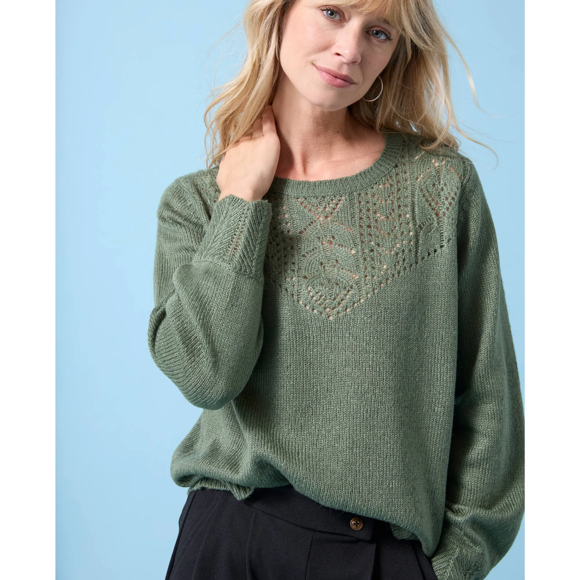 Trui En Vest<Blancheporte Trui met ronde hals Special Petites, pointelle-breisel lichtkaki