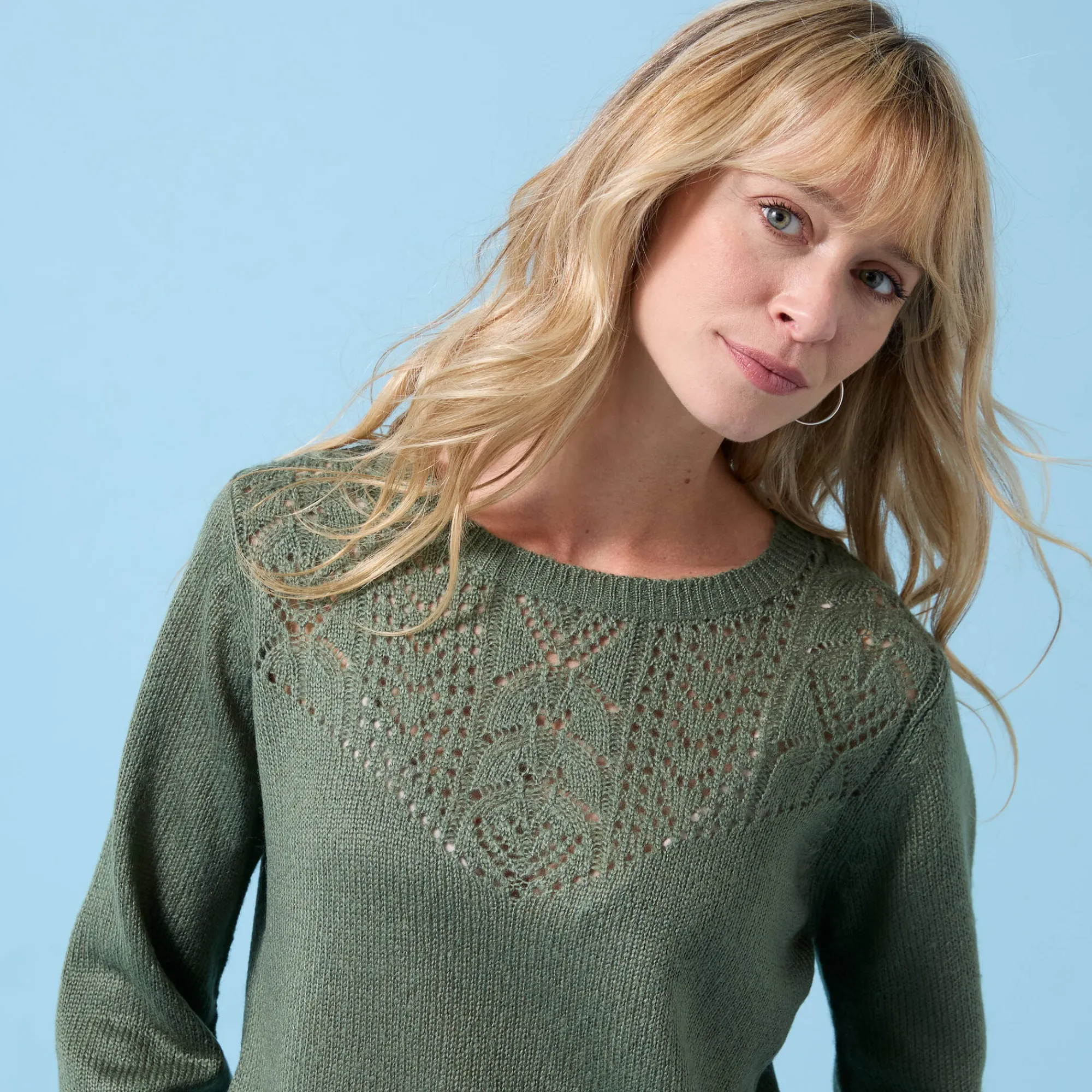 Trui En Vest<Blancheporte Trui met ronde hals Special Petites, pointelle-breisel lichtkaki