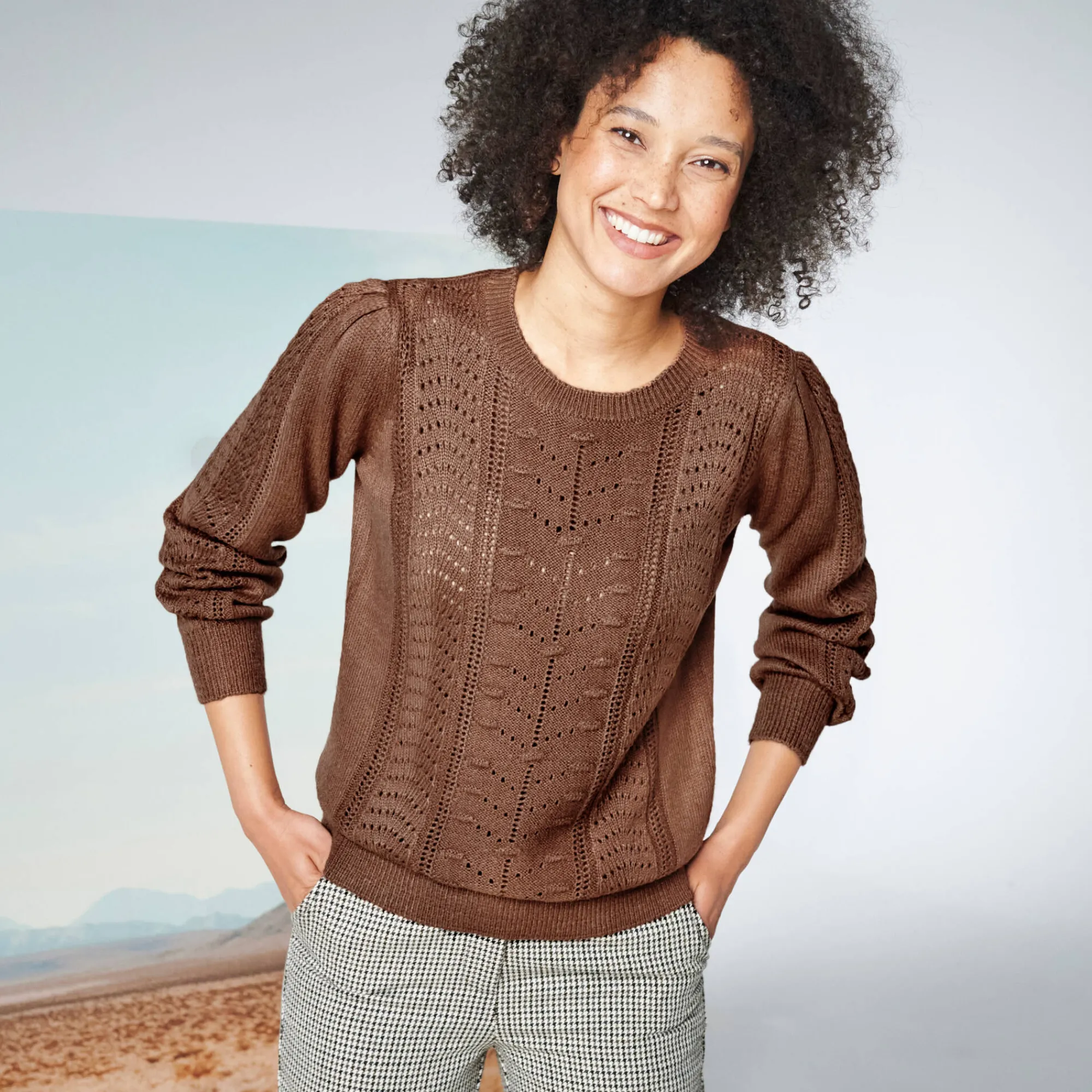 Trui En Vest<Blancheporte Trui met ronde hals, streelzachte fantasietouch chocolade