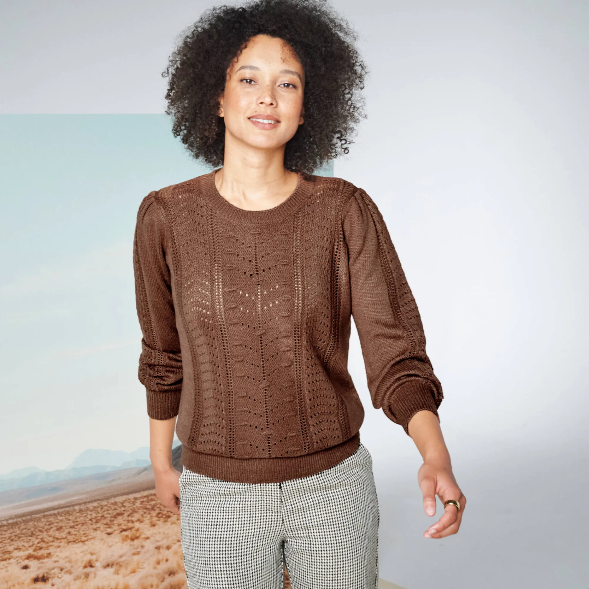 Trui En Vest<Blancheporte Trui met ronde hals, streelzachte fantasietouch chocolade