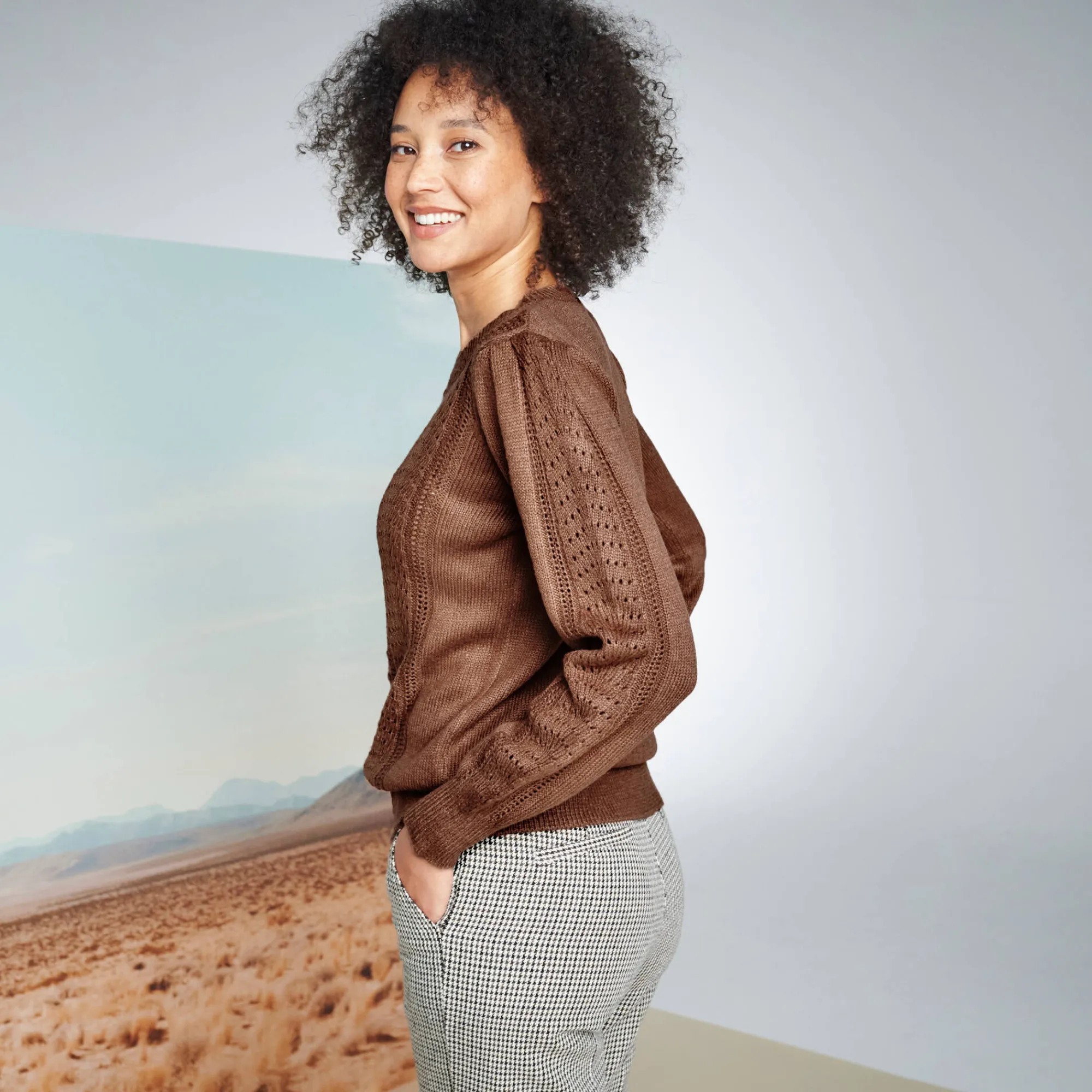 Trui En Vest<Blancheporte Trui met ronde hals, streelzachte fantasietouch chocolade