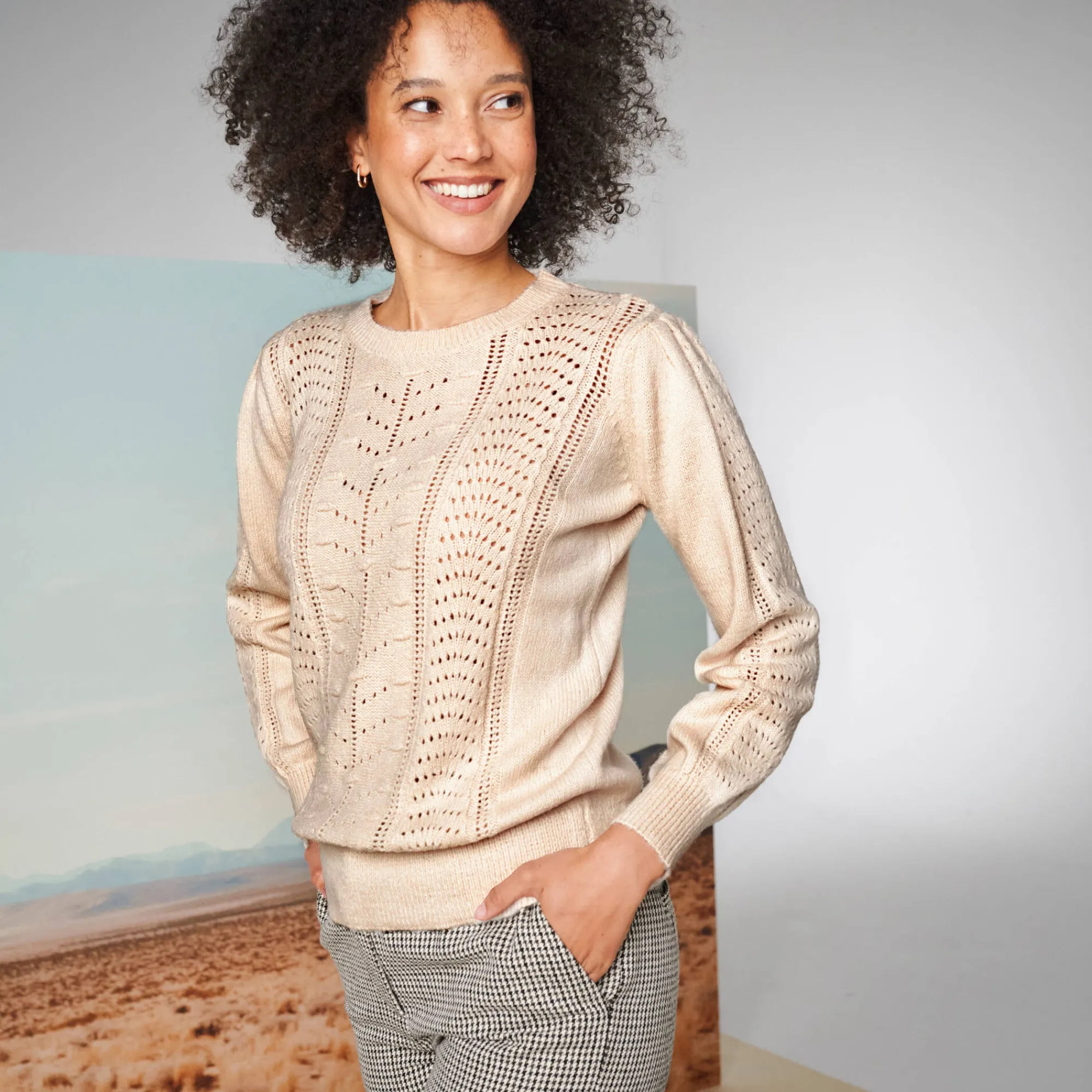 Trui En Vest<Blancheporte Trui met ronde hals, streelzachte fantasietouch ecru