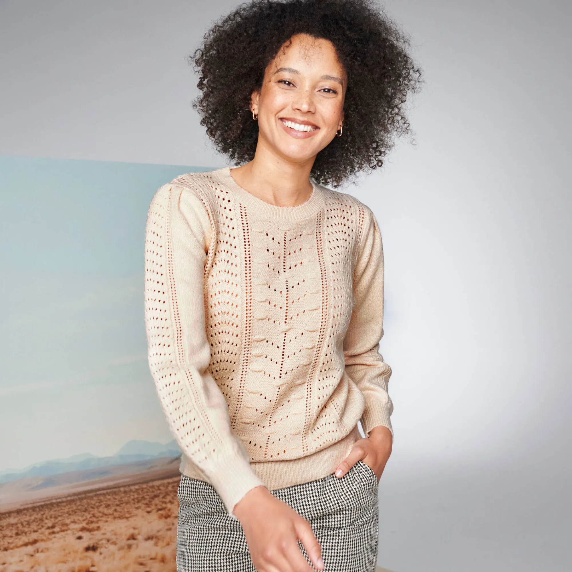 Trui En Vest<Blancheporte Trui met ronde hals, streelzachte fantasietouch ecru