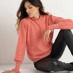 Feestoutfits Dames|Trui En Vest<Blancheporte Trui met ruchekraag en gestreept effect koraal