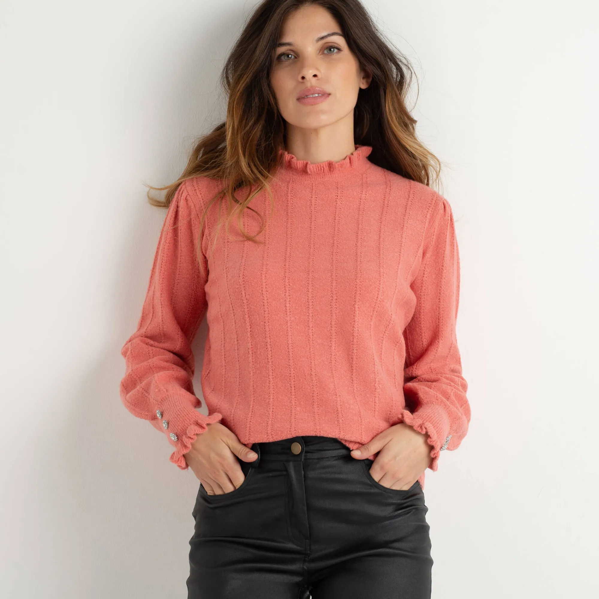 Feestoutfits Dames|Trui En Vest<Blancheporte Trui met ruchekraag en gestreept effect koraal