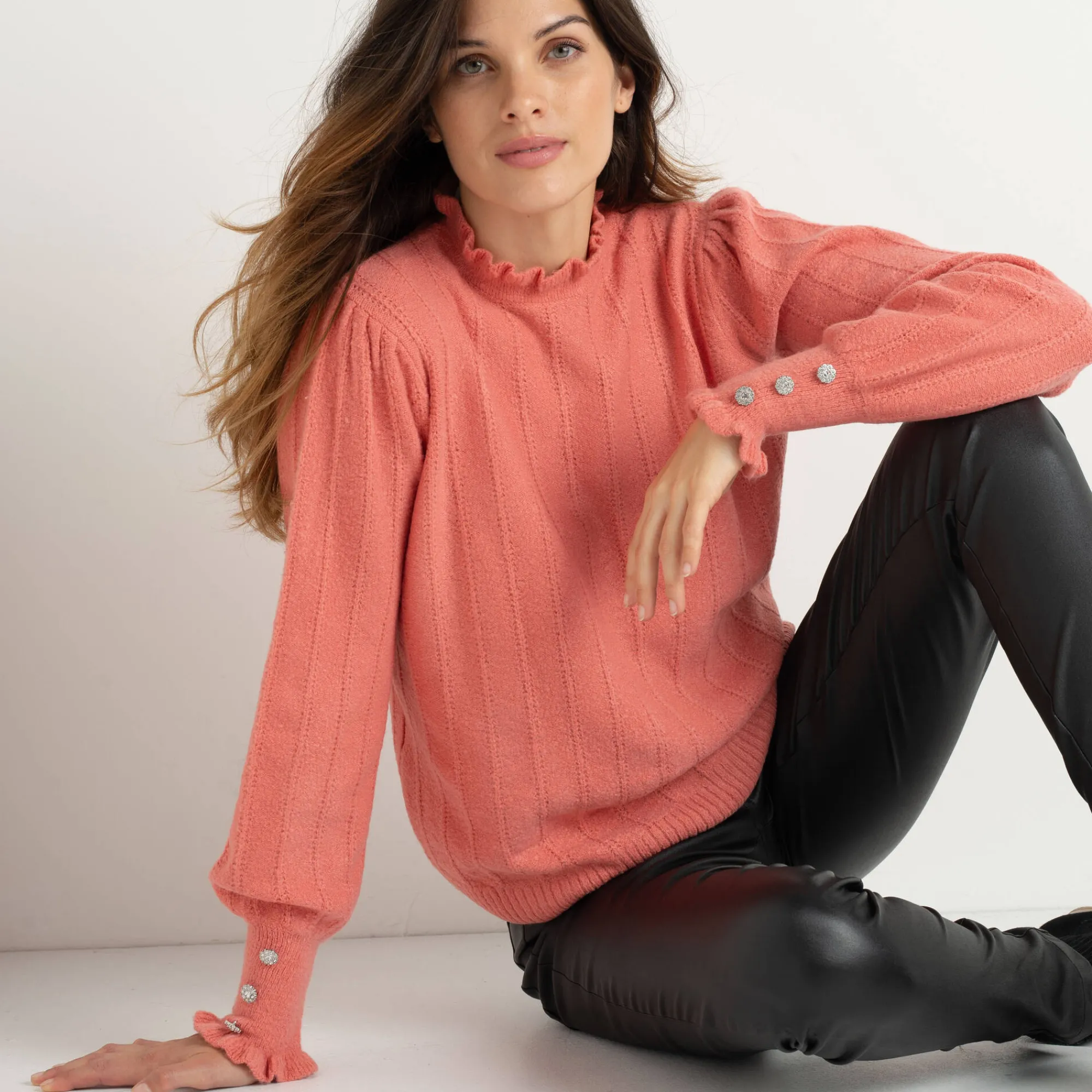 Feestoutfits Dames|Trui En Vest<Blancheporte Trui met ruchekraag en gestreept effect koraal