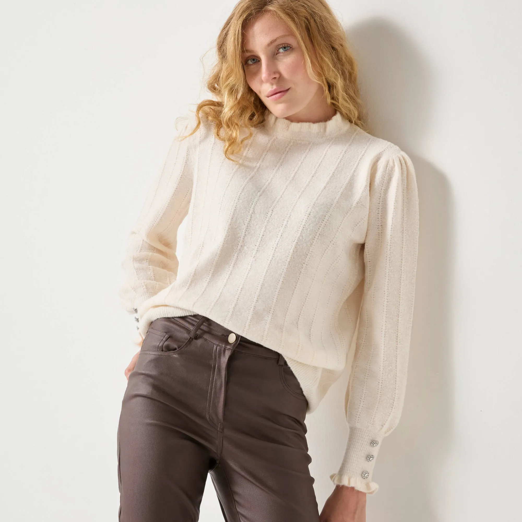 Feestoutfits Dames|Trui En Vest<Blancheporte Trui met ruchekraag en gestreept effect ecru