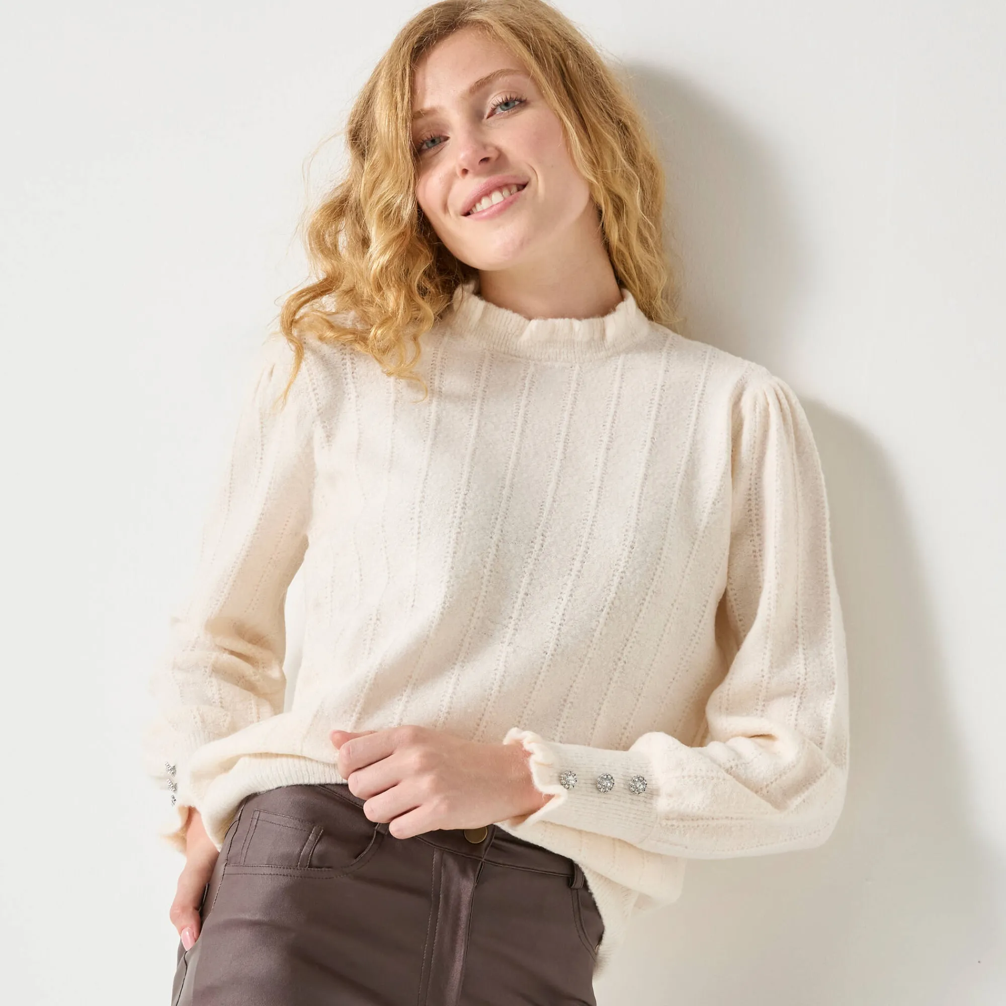 Feestoutfits Dames|Trui En Vest<Blancheporte Trui met ruchekraag en gestreept effect ecru