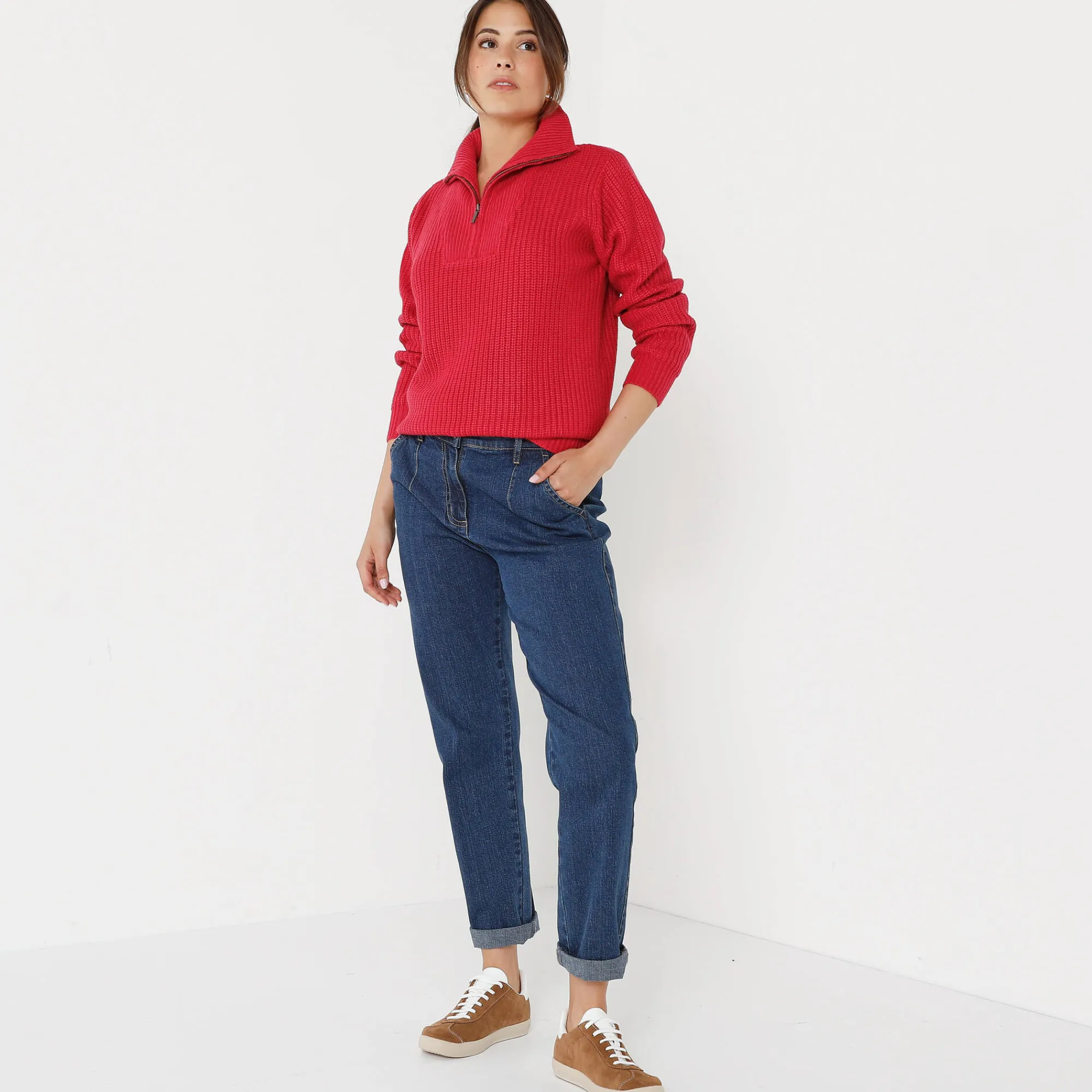 Trui En Vest<Blancheporte Trui met truckerskraag in ribtricot framboos