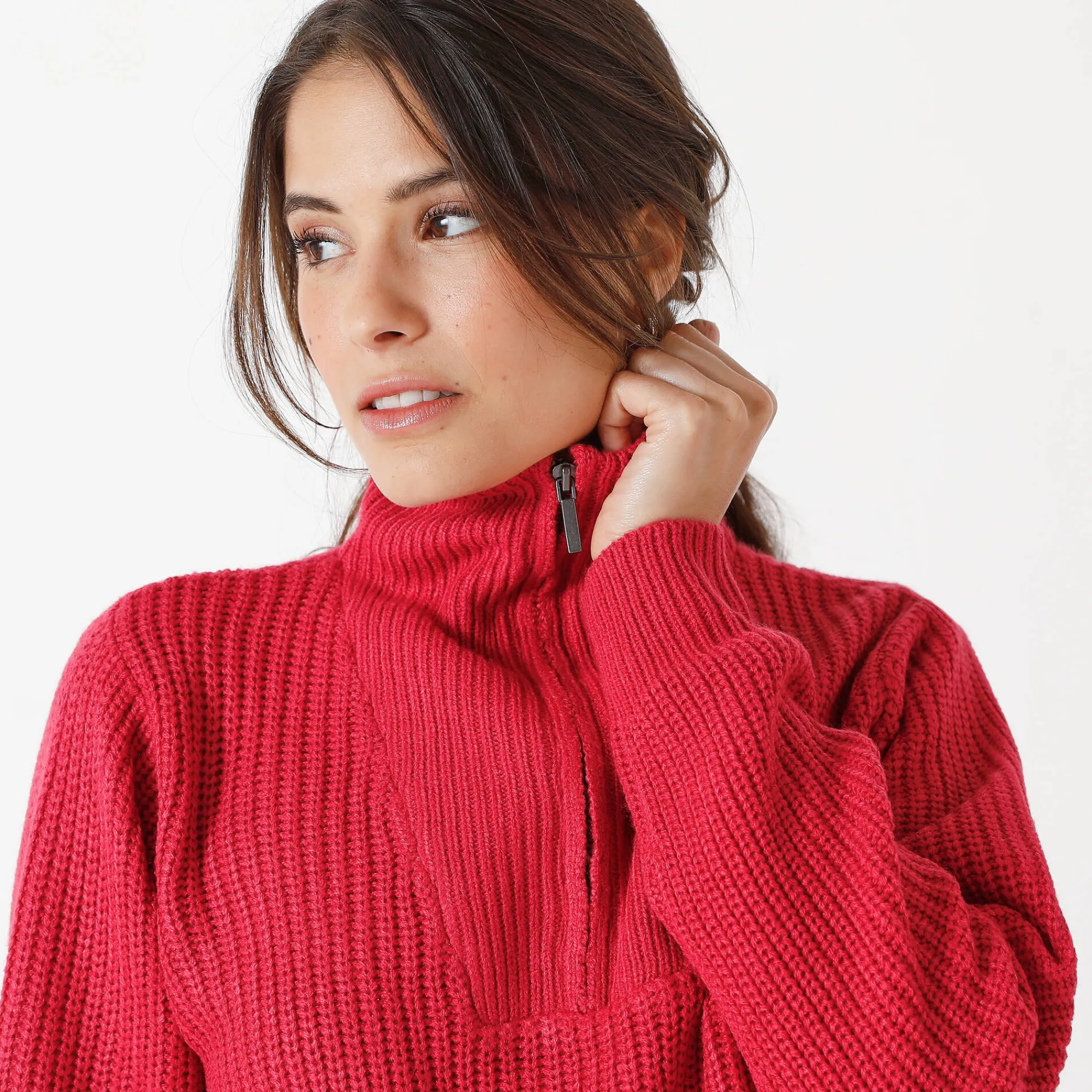 Trui En Vest<Blancheporte Trui met truckerskraag in ribtricot framboos