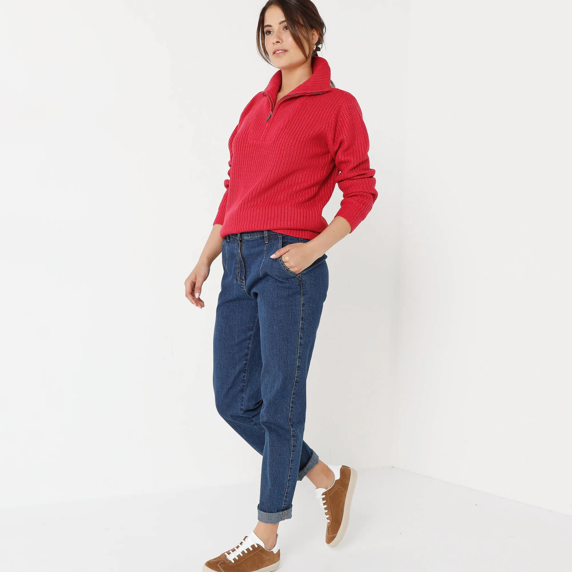 Trui En Vest<Blancheporte Trui met truckerskraag in ribtricot framboos