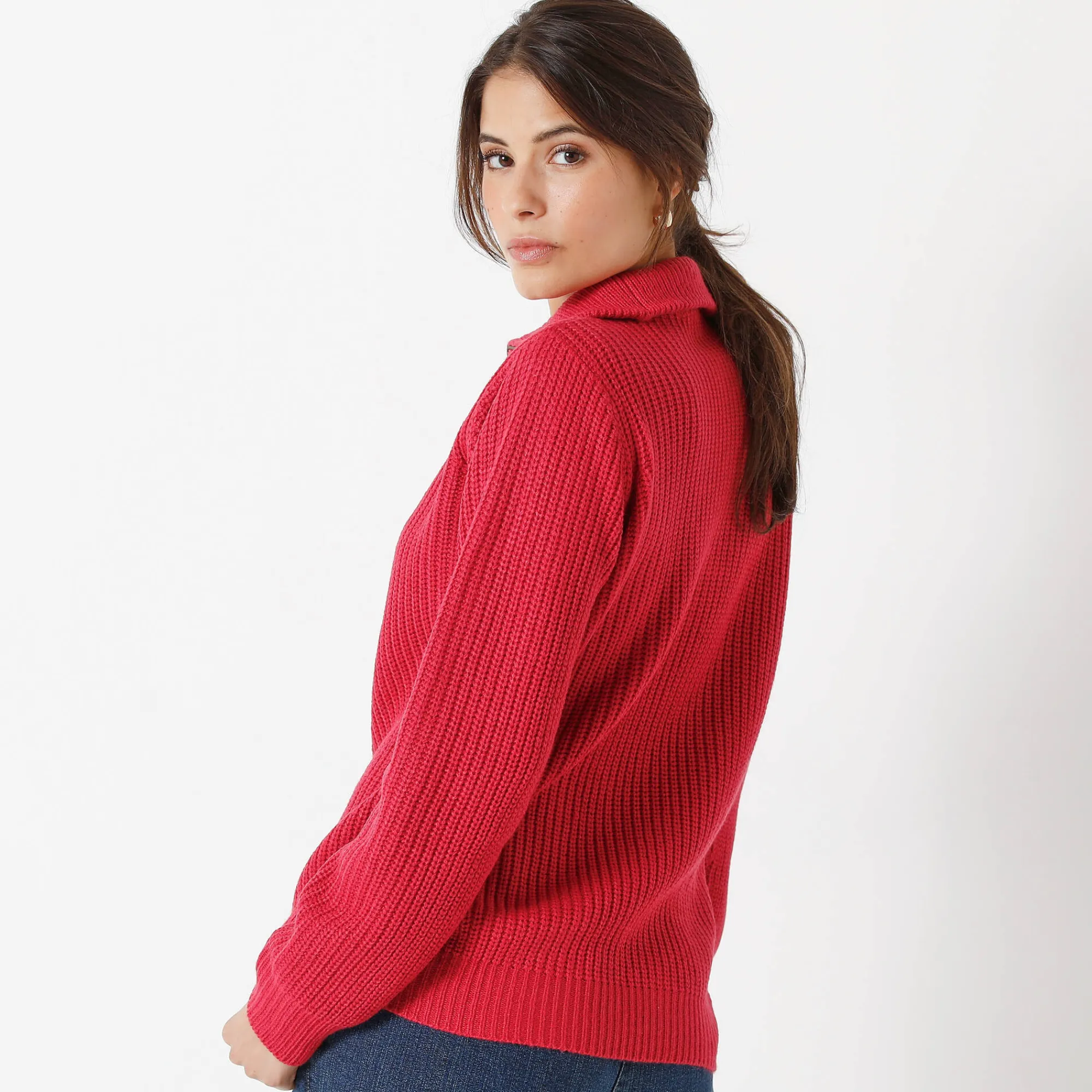Trui En Vest<Blancheporte Trui met truckerskraag in ribtricot framboos