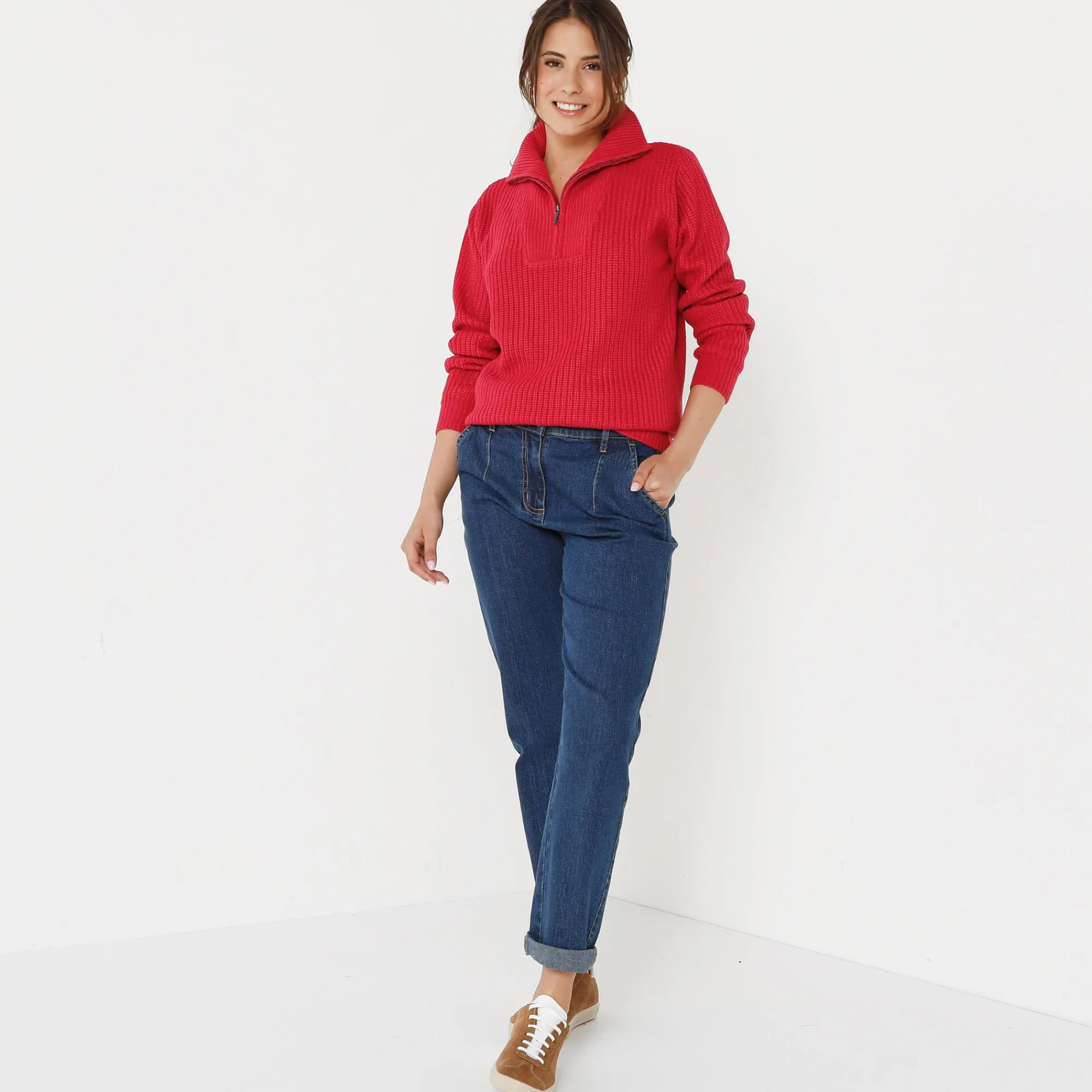 Trui En Vest<Blancheporte Trui met truckerskraag in ribtricot framboos