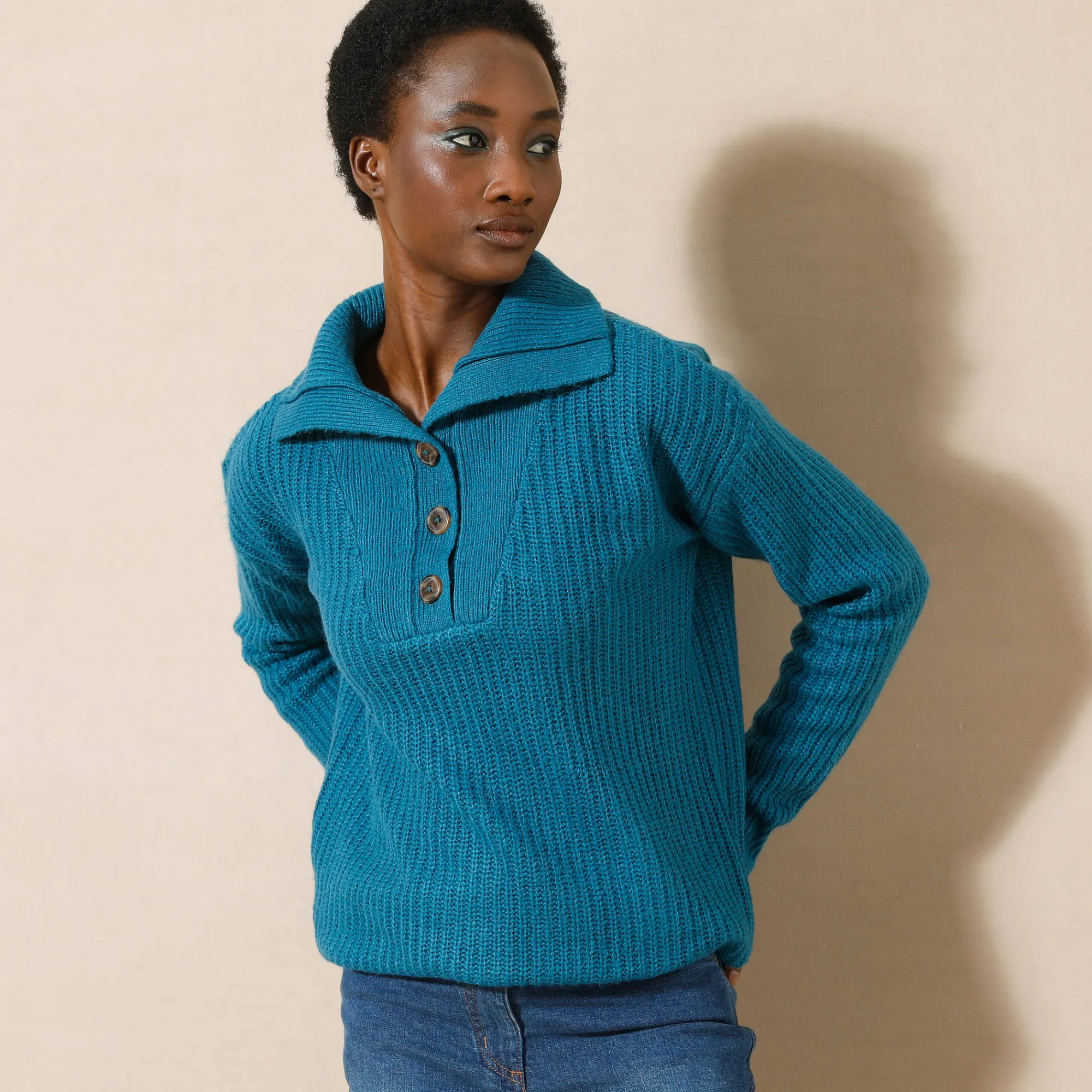 Trui En Vest<Blancheporte Trui met truckerskraag in ribtricot met mohairtouch Pruisisch blauw