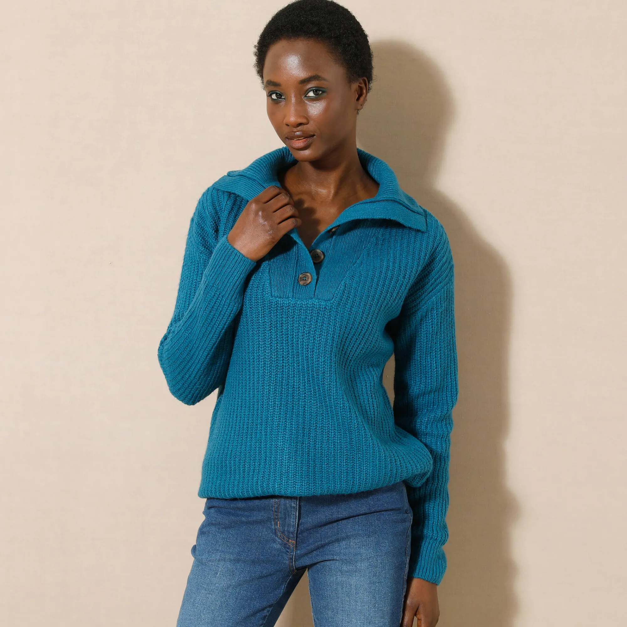 Trui En Vest<Blancheporte Trui met truckerskraag in ribtricot met mohairtouch Pruisisch blauw