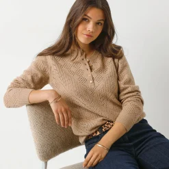 Trui En Vest<Blancheporte Trui met Tunesische hals, in ajourtricot naturel