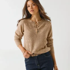 Trui En Vest<Blancheporte Trui met Tunesische hals, in ajourtricot naturel