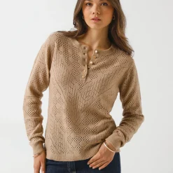 Trui En Vest<Blancheporte Trui met Tunesische hals, in ajourtricot naturel